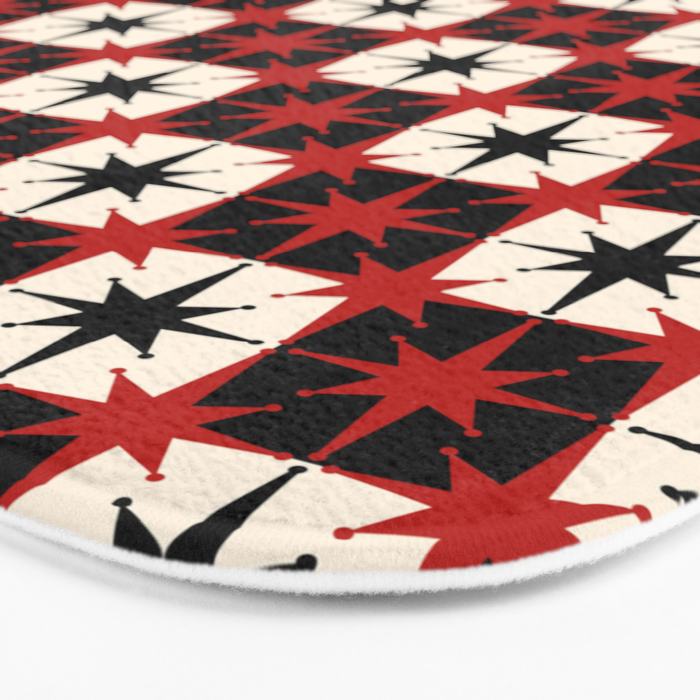 Mid Century Modern Atomic Stars Retro Checkered Starburst Pattern in Black Cream Red Bath Mat Gallery Image 3