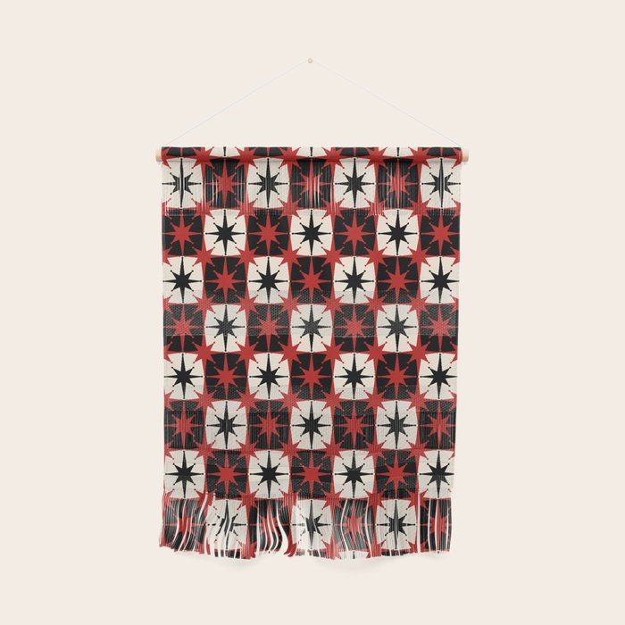 Mid Century Modern Atomic Stars Retro Checkered Starburst Pattern in Black Cream Red Wall Hanging Gallery Image 1