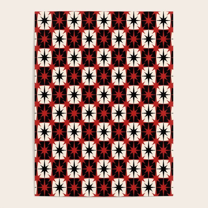 Mid Century Modern Atomic Stars Retro Checkered Starburst Pattern in Black Cream Red Poster Gallery Image 4