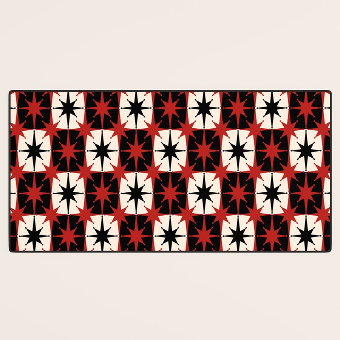 Mid Century Modern Atomic Stars Retro Checkered Starburst Pattern in Black Cream Red Desk Mat Gallery Image 3