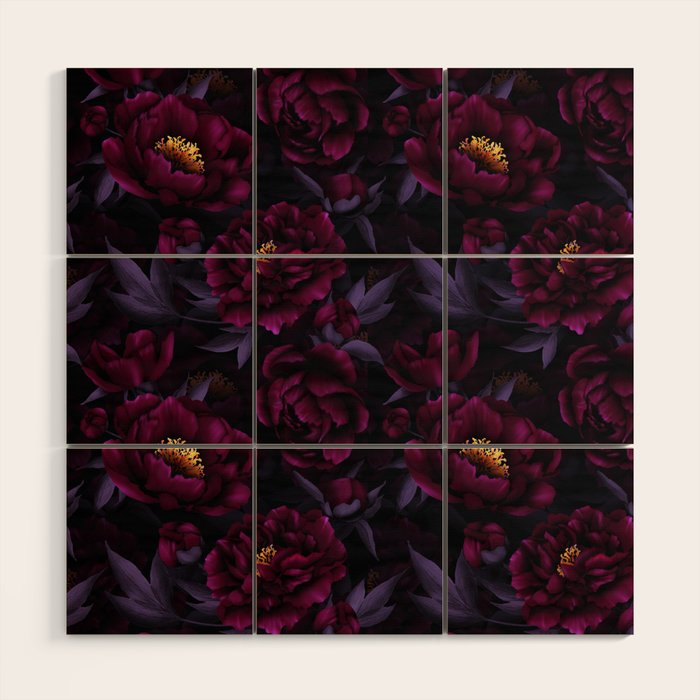 Vintage Dark Night Peonies  Wood Wall Art Gallery Image 1