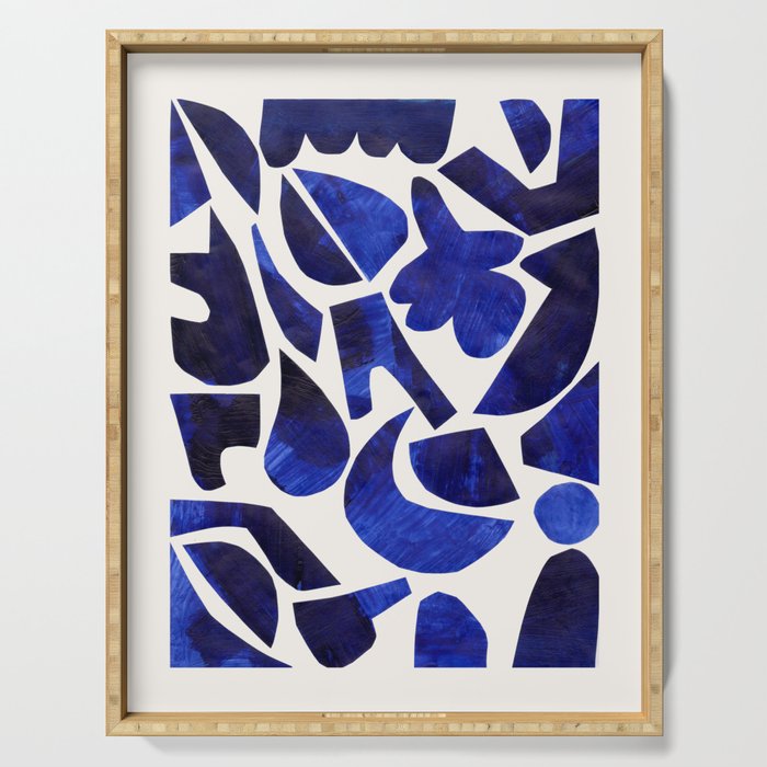 'Shattered Sky' Abstract Colorful Blue Paper Collage Minimal Mid Century Pattern by Ejaaz Haniff Serving Tray Gallery Image 1