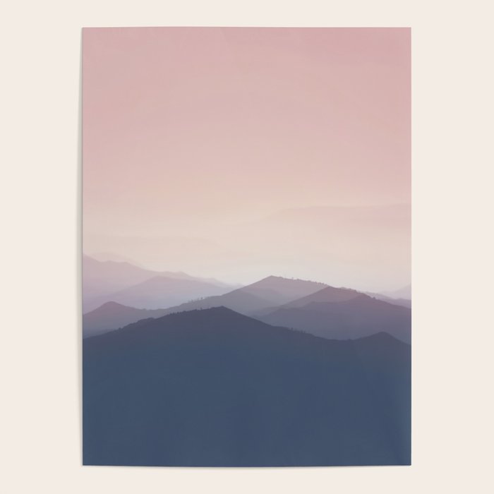 Mountain Dusk - pink sunset mountain range landscape photography by Ingrid Beddoes Poster Gallery Image 1