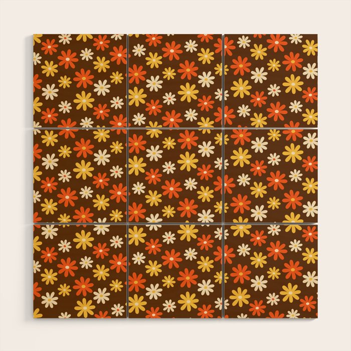 1970s flowers brown and orange Wood Wall Art Gallery Image 1