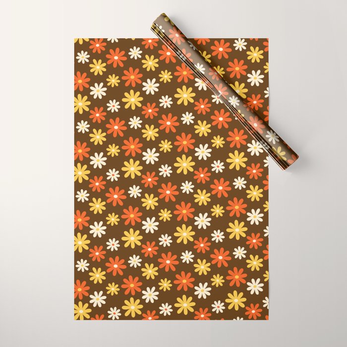 1970s flowers brown and orange Wrapping Paper Gallery Image 1