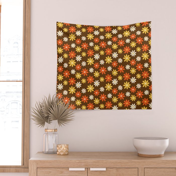 1970s flowers brown and orange Wall Tapestry Gallery Image 2