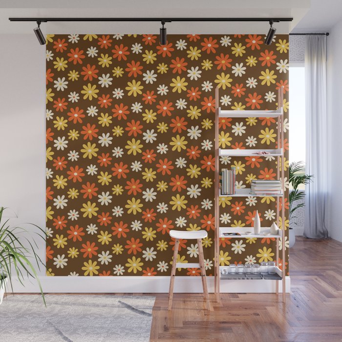 1970s flowers brown and orange Wall Mural Gallery Image 1