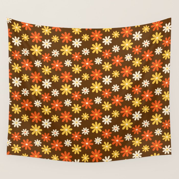 1970s flowers brown and orange Wall Tapestry Gallery Image 4