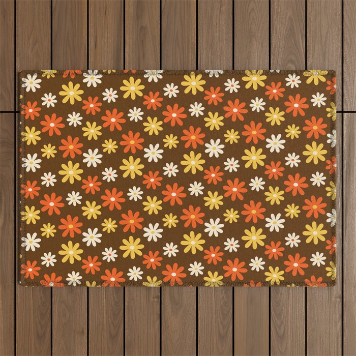 1970s flowers brown and orange Outdoor Rug Gallery Image 1
