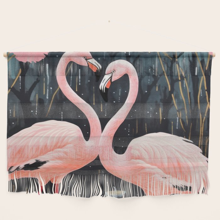 Pink Flamingos Pair In The Teal Rain Wall Hanging Gallery Image 1