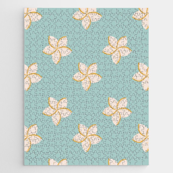 White and turquoise plumeria flowers pattern Jigsaw Puzzle Gallery Image 1