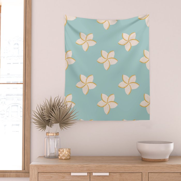 White and turquoise plumeria flowers pattern Wall Tapestry Gallery Image 2