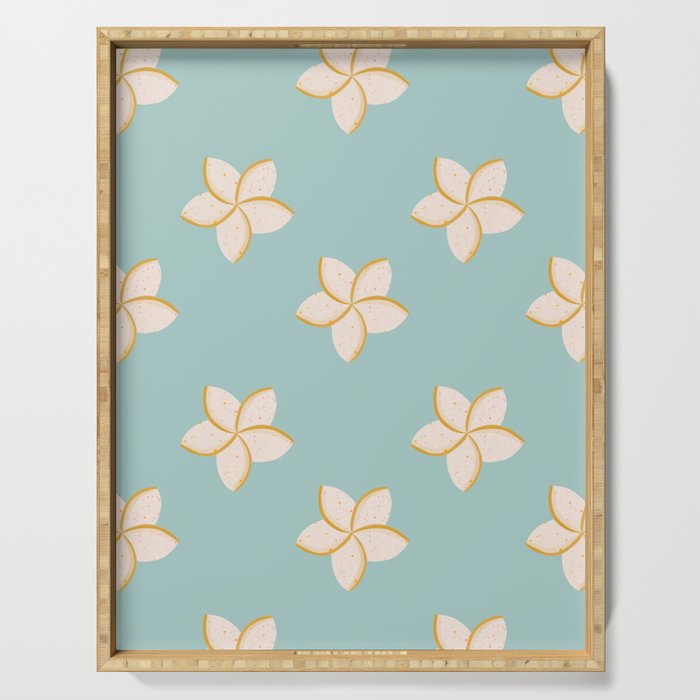 White and turquoise plumeria flowers pattern Serving Tray Gallery Image 1