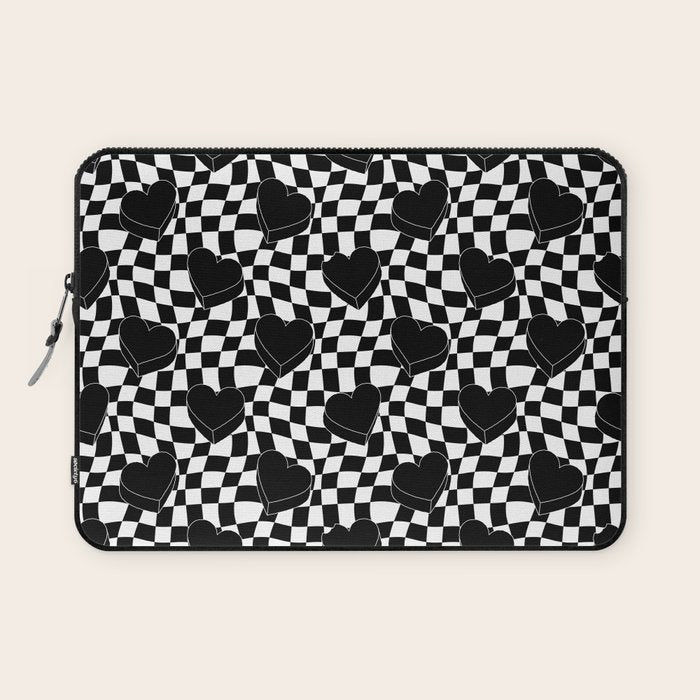 Black and white checkered love heart pattern Laptop Sleeve Gallery Image 1