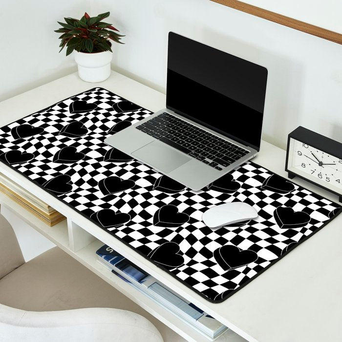 Black and white checkered love heart pattern Desk Mat Gallery Image 2