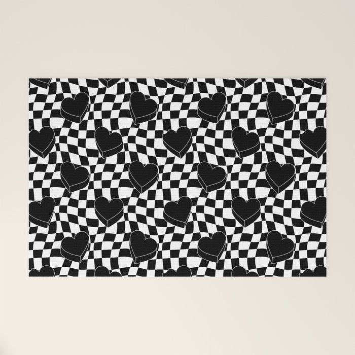 Black and white checkered love heart pattern Welcome Mat Gallery Image 1