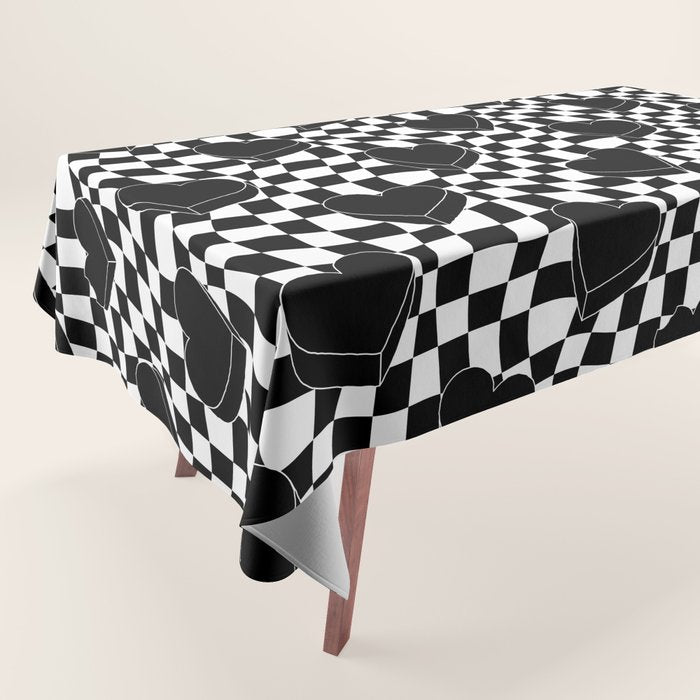 Black and white checkered love heart pattern Tablecloth Gallery Image 1