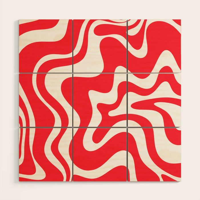 Retro Liquid Swirl Abstract Pattern Bright Red and White Wood Wall Art Gallery Image 1
