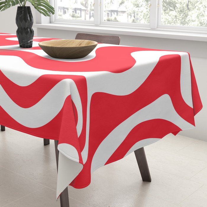 Retro Liquid Swirl Abstract Pattern Bright Red and White Tablecloth Gallery Image 3