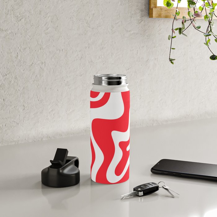 Retro Liquid Swirl Abstract Pattern Bright Red and White Water Bottle Gallery Image 4