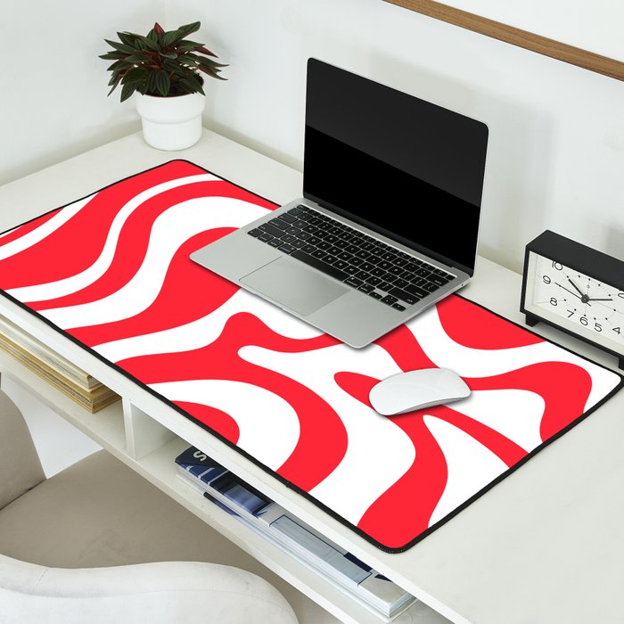 Retro Liquid Swirl Abstract Pattern Bright Red and White Desk Mat Gallery Image 2