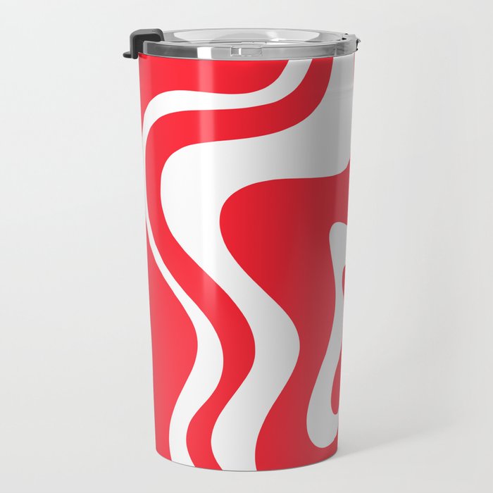 Retro Liquid Swirl Abstract Pattern Bright Red and White Travel Mug Gallery Image 3
