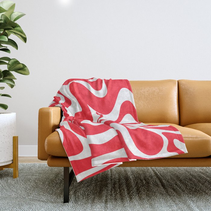 Retro Liquid Swirl Abstract Pattern Bright Red and White Throw Blanket Gallery Image 1