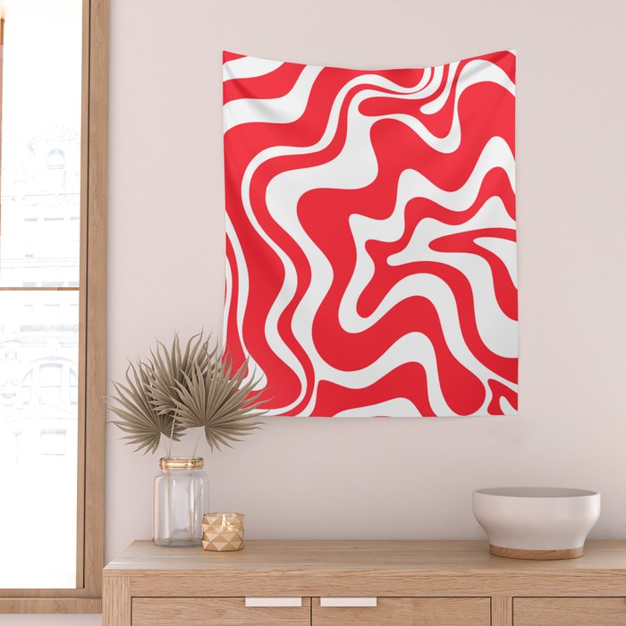 Retro Liquid Swirl Abstract Pattern Bright Red and White Wall Tapestry Gallery Image 2