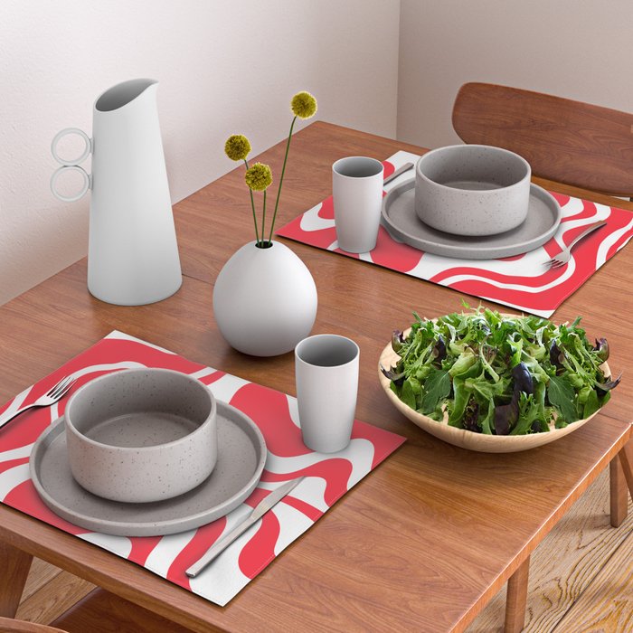 Retro Liquid Swirl Abstract Pattern Bright Red and White Placemat Gallery Image 2