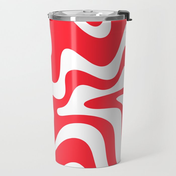 Retro Liquid Swirl Abstract Pattern Bright Red and White Travel Mug Gallery Image 2