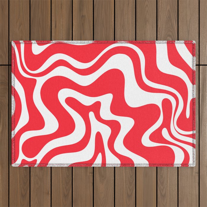 Retro Liquid Swirl Abstract Pattern Bright Red and White Outdoor Rug Gallery Image 1