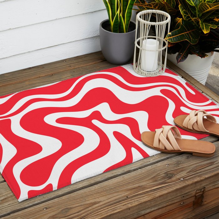 Retro Liquid Swirl Abstract Pattern Bright Red and White Outdoor Rug Gallery Image 2