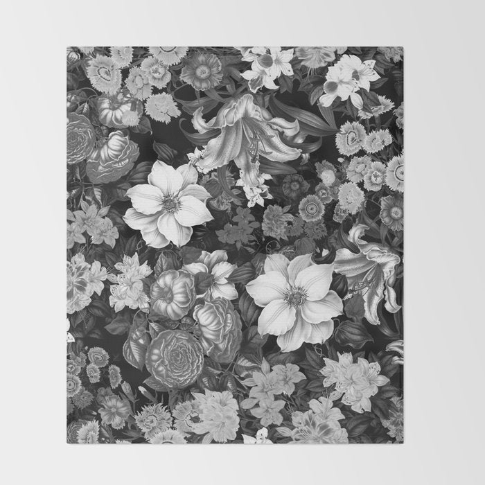 Black and White Floral Pattern Throw Blanket Gallery Image 2