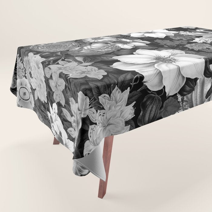 Black and White Floral Pattern Tablecloth Gallery Image 1