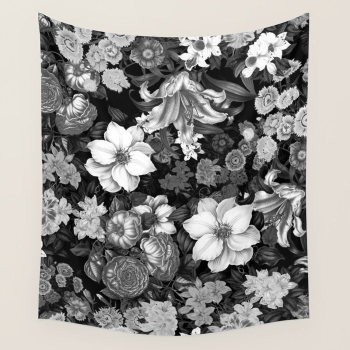Black and White Floral Pattern Wall Tapestry Gallery Image 4