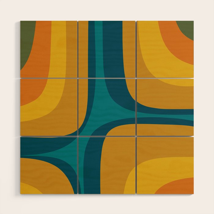 Retro Groove Mustard Teal - Minimalist Mid Century Abstract Pattern Wood Wall Art Gallery Image 1