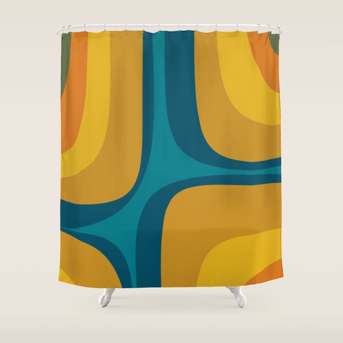 Retro Groove Mustard Teal - Minimalist Mid Century Abstract Pattern Shower Curtain Gallery Image 1