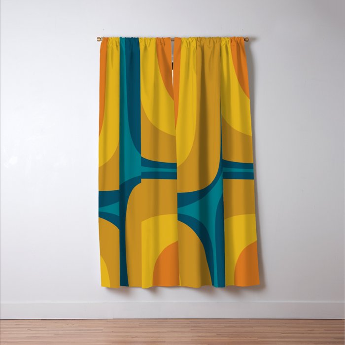Retro Groove Mustard Teal - Minimalist Mid Century Abstract Pattern Window Curtain Gallery Image 3