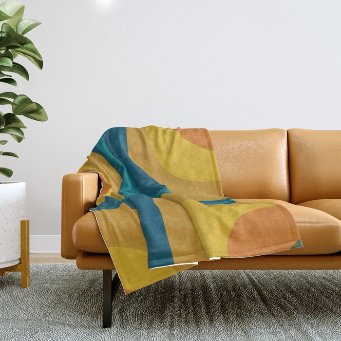 Retro Groove Mustard Teal - Minimalist Mid Century Abstract Pattern Throw Blanket Gallery Image 1