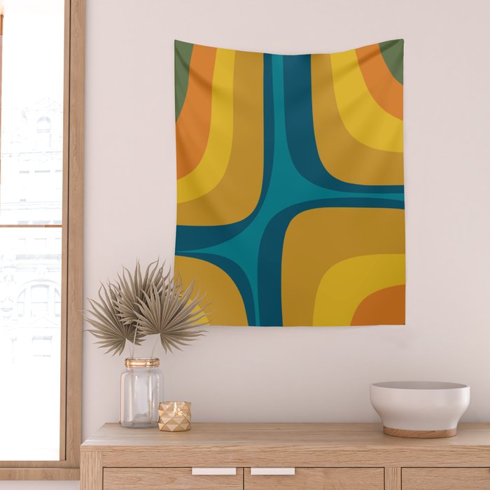 Retro Groove Mustard Teal - Minimalist Mid Century Abstract Pattern Wall Tapestry Gallery Image 2