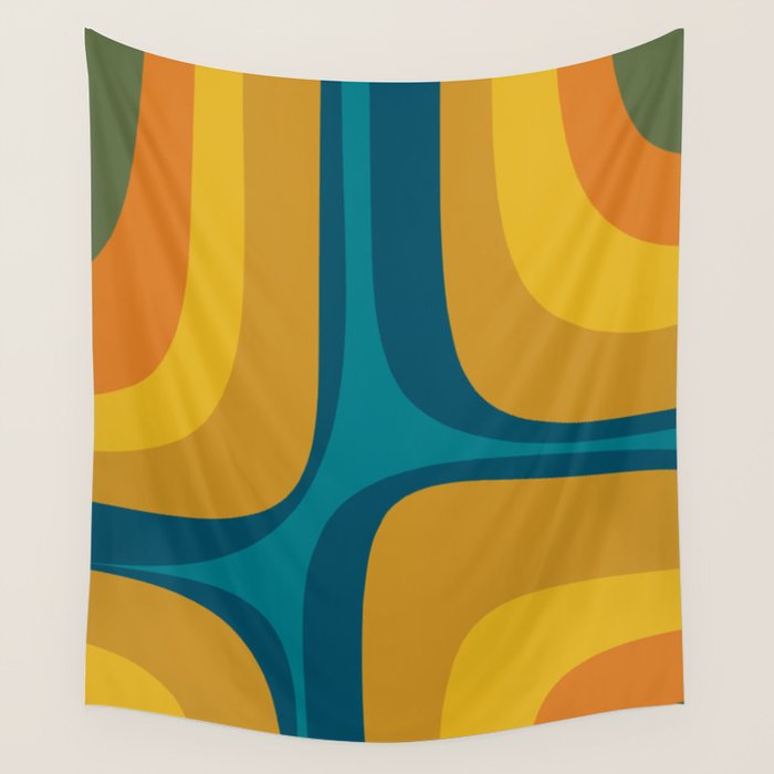 Retro Groove Mustard Teal - Minimalist Mid Century Abstract Pattern Wall Tapestry Gallery Image 1