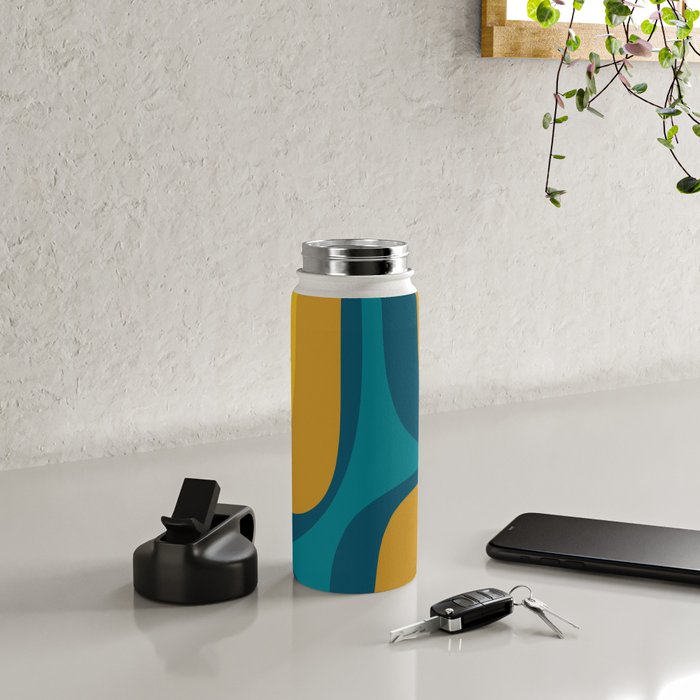 Retro Groove Mustard Teal - Minimalist Mid Century Abstract Pattern Water Bottle Gallery Image 4