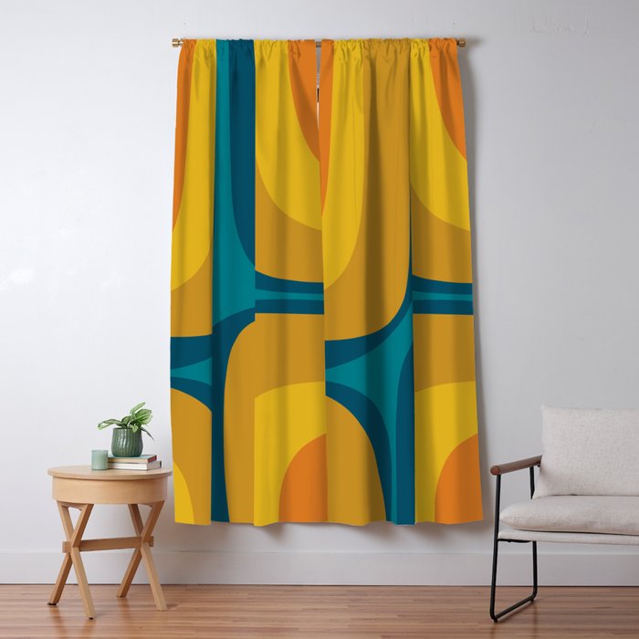 Retro Groove Mustard Teal - Minimalist Mid Century Abstract Pattern Window Curtain Gallery Image 5