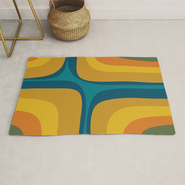 Retro Groove Mustard Teal - Minimalist Mid Century Abstract Pattern Rug Gallery Image 1