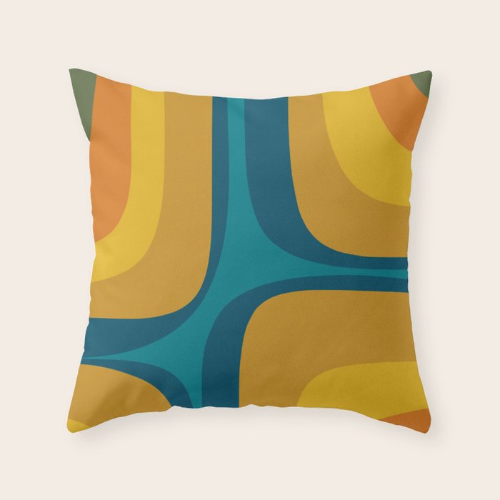 Retro Groove Mustard Teal - Minimalist Mid Century Abstract Pattern Throw Pillow Gallery Image 1