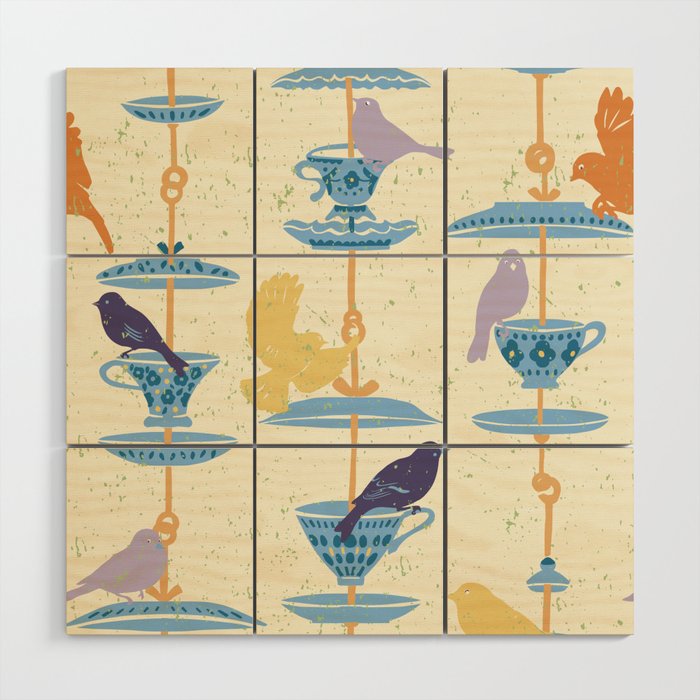 Garden Bird feeding antique white Wood Wall Art Gallery Image 1