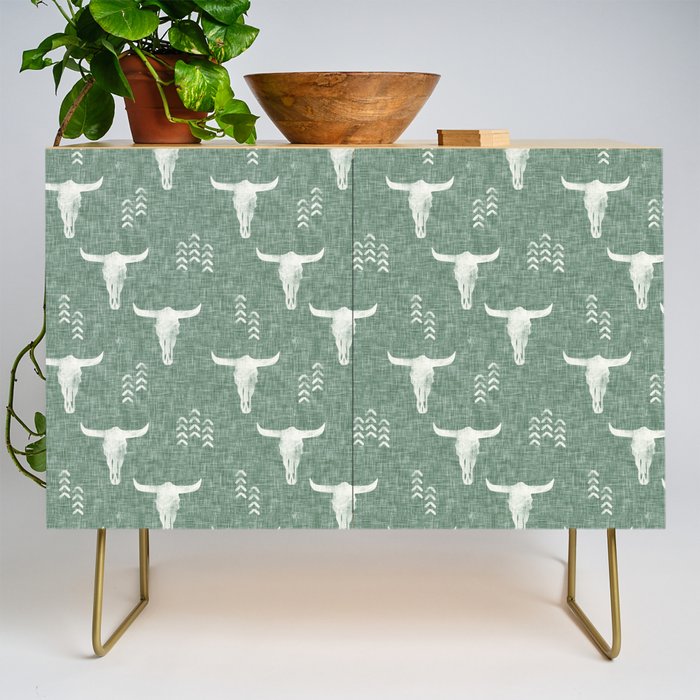 desert skulls - southwest cow skulls on sage Credenza Gallery Image 1