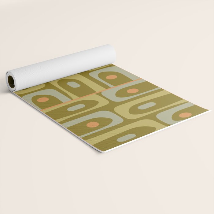 Mid Century Modern Piquet Retro Abstract Tiled Pattern in Vintage Olive Green and Cantaloupe Orange Yoga Mat Gallery Image 2