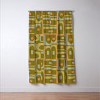 Mid Century Modern Piquet Retro Abstract Tiled Pattern in Vintage Olive Green and Cantaloupe Orange Window Curtain Gallery Image 3