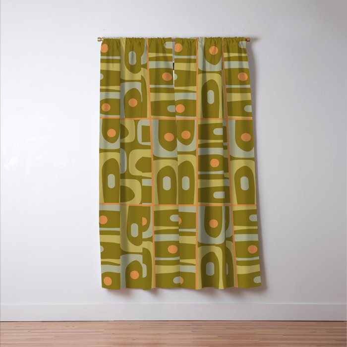 Mid Century Modern Piquet Retro Abstract Tiled Pattern in Vintage Olive Green and Cantaloupe Orange Window Curtain Gallery Image 3